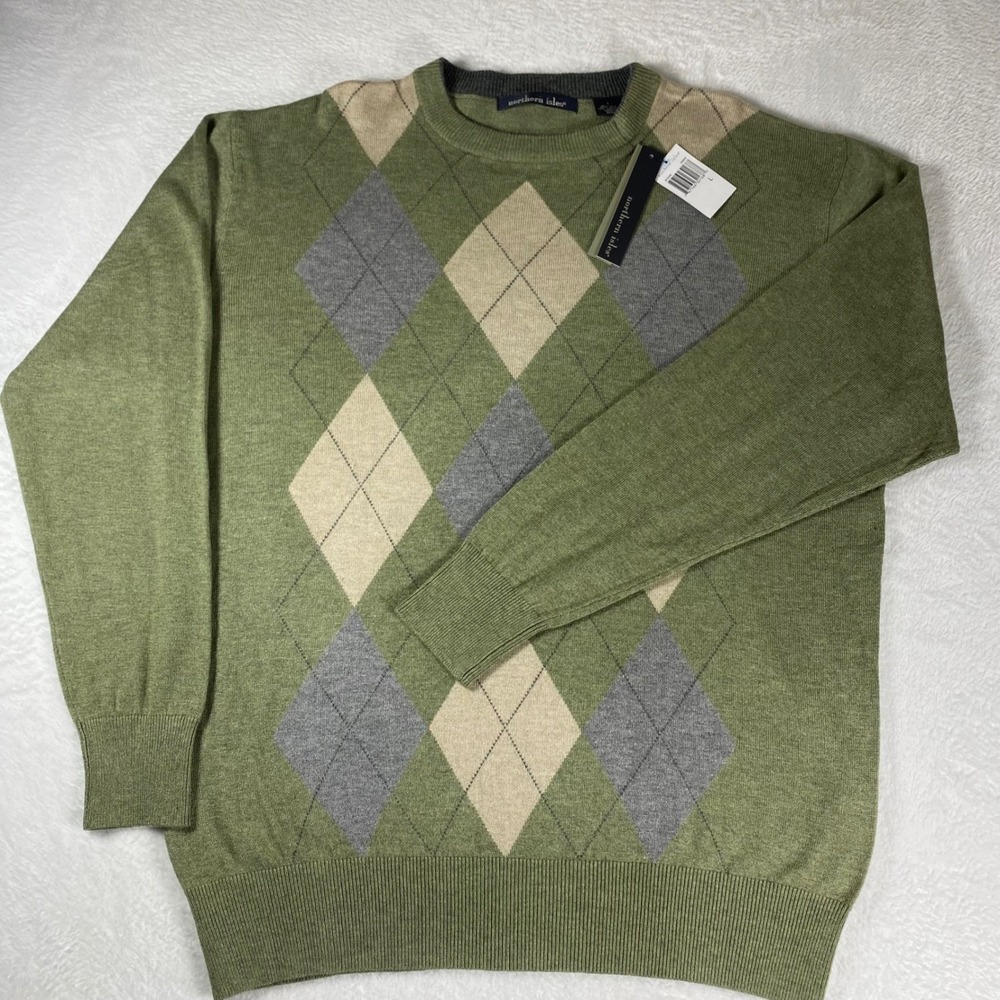Northern Isles Mens Argyle Crewneck Sweater L Green Silk Cashmere Blend